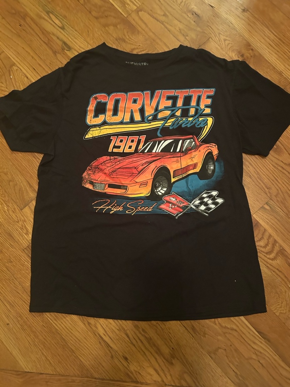 Chemistry Black T‑Shirt with Orange Corvette Graphic